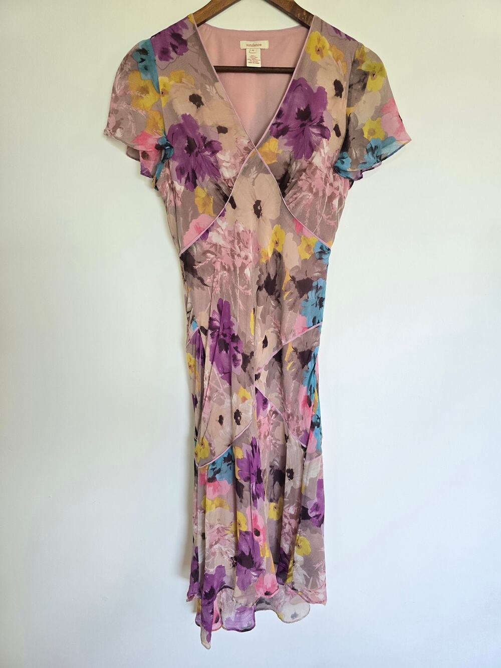 Sundance Silk Floral V-Neck Midi Dress Purple Pink Romantic Size 6